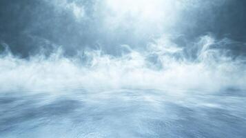 Blue sky with white clouds and a foggy mist. The mist is thick and the sky is clear photo