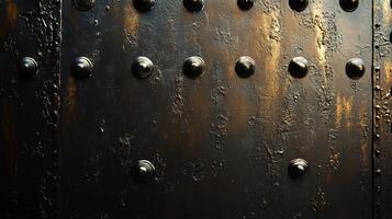 Black and brown metal surface with many small holes. The holes are spaced out and are of various sizes photo