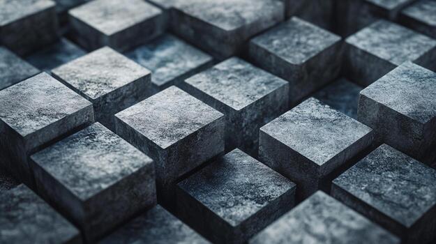 The image is a close up of a gray stone wall with many small square blocks. The blocks are arranged in a way that creates a sense of depth and texture. Scene is one of solidity and permanence photo