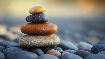 Stack of rocks with a blue background. The rocks are of different sizes and colors, with some being brown and others being black. The arrangement of the rocks creates a sense of balance and harmony photo