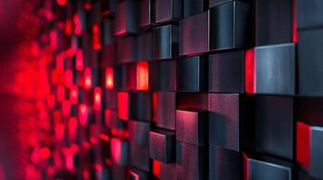 Wall of black and red cubes with a red background. The cubes are arranged in a way that creates a sense of depth and texture. The red background adds a bold and dramatic element to the scene photo