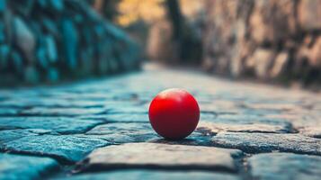 Red ball is sitting on a cobblestone street. The cobblestone is wet and the ball is wet as well. The scene is quiet and peaceful, with no other people or objects visible photo