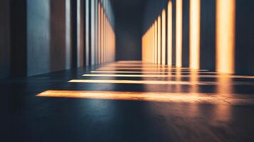 Long hallway with a lot of light shining on the floor. The light is coming from the top of the hallway photo