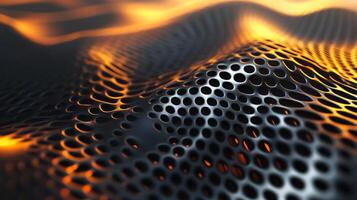 Black and orange patterned surface with a lot of holes. The holes are in various sizes and are scattered throughout the surface. The surface appears to be made of metal and has a futuristic photo