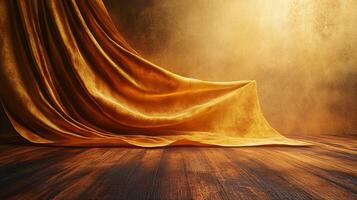 Gold curtain is draped over a wooden floor. The curtain is long and flowing, creating a sense of elegance and luxury. The room appears to be empty, with no furniture or decorations visible photo