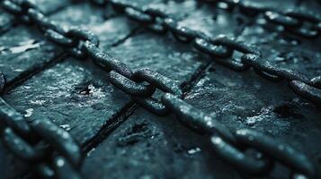 Chain link fence with rusted and wet chain links. The fence appears to be old and worn, with the chain links showing signs of corrosion and wear photo