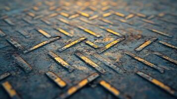The image is of a metal surface with a pattern of squares and triangles. The squares are yellow and the triangles are black. Scene is somewhat dark and moody, with the yellow squares photo