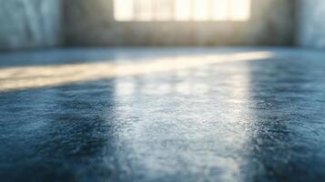 Room with a window and a floor that is wet. The floor is blue and the window is letting in sunlight photo