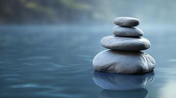 Stack of rocks is floating on the surface of a body of water. The scene is serene and peaceful, with the rocks creating a sense of calmness and tranquility. The water is calm and still photo