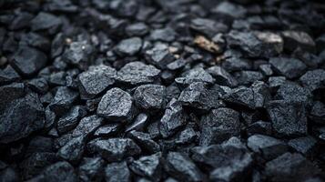 Pile of black rocks with a dark and moody atmosphere. The rocks are scattered and piled up, creating a sense of depth and texture. The overall feeling of the image is one of ruggedness and strength photo