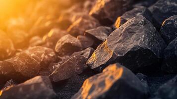 Pile of rocks with the sun shining on them. The sun is casting shadows on the rocks, creating a sense of depth and texture. The scene is peaceful and serene photo