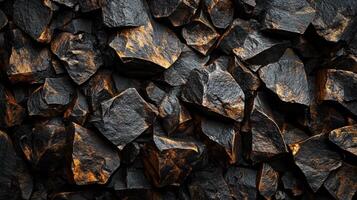 Black and orange rock wall with a lot of texture. The wall is made up of many small rocks, and the colors of the rocks create a striking contrast. The texture of the wall gives it a rugged photo