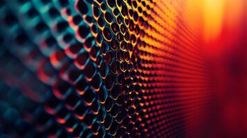 Close up of a metal mesh with a red background. The mesh is made up of many small squares and the red background is very bright photo
