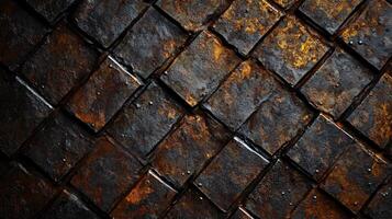 The image is of a wall with a pattern of squares and triangles. The squares are dark brown and the triangles are also dark brown. The wall appears to be made of metal and has a rough texture photo