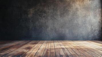 Wooden floor with a wall in the background. The wall is covered in graffiti and has a lot of texture. The floor is empty and has a lot of wood grain photo
