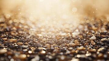 Blurry image of rocks and pebbles with a golden hue. The image has a dreamy, ethereal quality to it, as if it were captured in a moment of stillness photo
