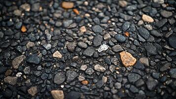 Close up of a black gravel road with a few rocks scattered around. The road appears to be empty and desolate photo