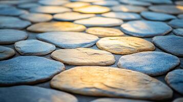 Close up of a stone path with a yellow sun shining on it. The stones are of different sizes and colors, creating a unique and interesting pattern. Concept of warmth and tranquility photo