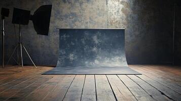 Dark room with a wooden floor and a backdrop. The backdrop is blue and has a pattern of stars. The room is dimly lit, giving it a moody and mysterious atmosphere photo