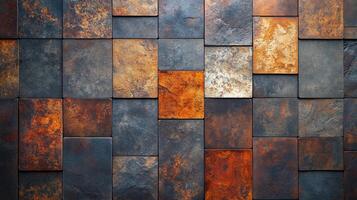 Wall made of old tiles with a rustic look. The tiles are of different colors and sizes, creating a unique and interesting pattern. The wall appears to be made of metal, giving it a vintage photo