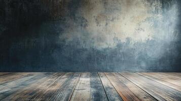 Wooden floor with a wall in the background. The wall is covered in graffiti and has a lot of texture. The floor is empty and has a lot of wood grain photo