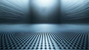 Blue and white image of a room with a metal floor. The floor is covered in small dots photo