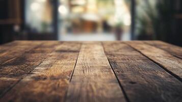 Wooden table with a view of a room. The table is empty and the room is dimly lit photo