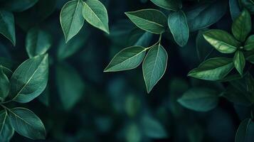 Close up of green leaves with a dark background. The leaves are wet and shiny. Concept of freshness and vitality photo