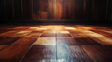 Wooden floor with a checkered pattern. The floor is empty and the room is bare photo