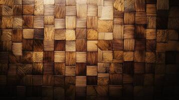 Wooden wall with a pattern of squares. The wall is made of wood and has a brown color photo
