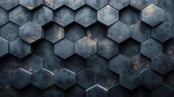 Wall of hexagonal tiles with a metallic sheen. The tiles are arranged in a pattern that creates a sense of depth and texture. Scene is one of modernity and sophistication photo