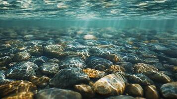 Rocky bottom of a body of water with a lot of rocks scattered around. The water is clear and the rocks are of various sizes photo