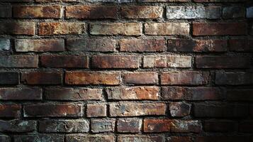 Brick wall with a lot of texture and a dark brown color. The wall is covered in dirt and has a lot of cracks photo