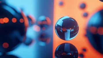 Reflection of a ball in a mirror. The ball is surrounded by other balls, creating a sense of depth and movement. The colors of the balls are blue and orange, which adds a vibrant photo