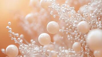 Close up of a bunch of white flowers with a lot of small white beads. The flowers are arranged in a way that makes them look like they are floating. Scene is serene and peaceful, as the flowers photo