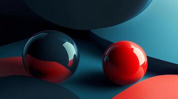 Two red and black spheres are shown in a blue background. The spheres are positioned close to each other, with one slightly overlapping the other. The image has a modern and abstract feel photo