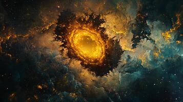 Yellow and blue swirl of clouds in the sky. The yellow swirl is the center of the image and the blue swirl is surrounding it photo