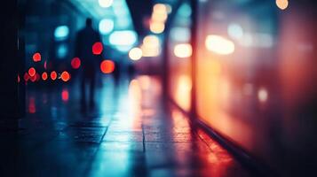Blurry image of a person walking in the rain with lights in the background. Scene is somewhat melancholic and reflective photo