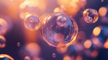 Close up of a bunch of bubbles in various sizes. The bubbles are all different colors and sizes, and they are floating in the air. The image has a playful and whimsical mood photo