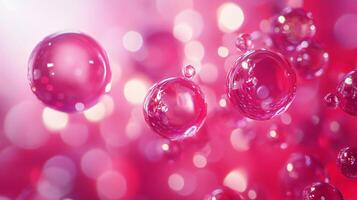 Pink bubbles floating in the air with a blurry background. Concept of playfulness and whimsy, as the bubbles seem to be dancing and floating around in a dreamy, ethereal atmosphere photo