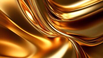 Gold fabric with a shiny, reflective surface. The fabric is draped over a surface, creating a sense of movement and depth. The gold color and the way it is draped suggest a luxurious photo