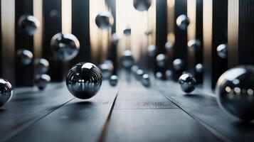Series of silver spheres are floating in the air, with one of them being the largest. The image has a futuristic and abstract feel to it, with the spheres appearing to be suspended in mid-air photo