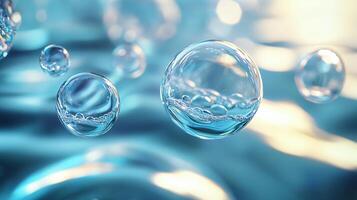 Series of bubbles floating in the water. The bubbles are clear and shiny, reflecting the light. Concept of calm and tranquility, as the bubbles float peacefully in the water photo