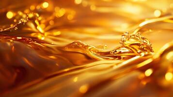 Splash of gold liquid on a surface. The liquid is flowing and creating a ripple effect. Concept of movement and fluidity photo