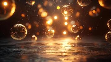 Series of glowing, golden spheres are floating in the air, creating a sense of movement and energy. The scene is set against a dark background, which adds to the mysterious and ethereal atmosphere photo