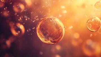 Close up of a bubble with a yellowish tint. The bubbles are floating in the air and the bubble is the main focus of the image photo
