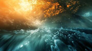 Beautiful blue ocean with a tree in the background. The tree is orange and yellow, and the water is calm photo