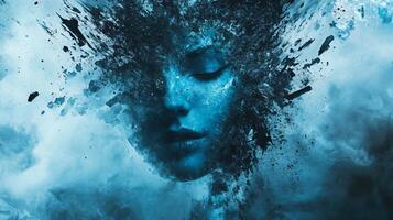 Woman's face is shown in a blue splash of paint. The image has a mood of chaos and destruction, as the woman's face is covered in splatters of paint photo