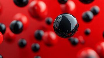 Bunch of red and black spheres are floating in the air. The spheres are of different sizes and are scattered all over the image. The image has a playful and whimsical mood photo