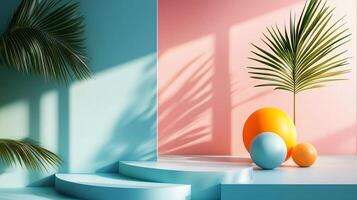 Colorful room with a blue wall and pink wall. A palm tree is in the foreground. There are three balls on a table, one of which is orange photo